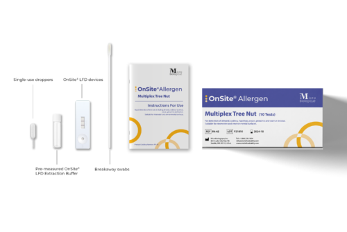 OnSite Allergen Multiplex Tree Nut Test Kit box contents including swab, spoon, test device, solutions, IFU and box
