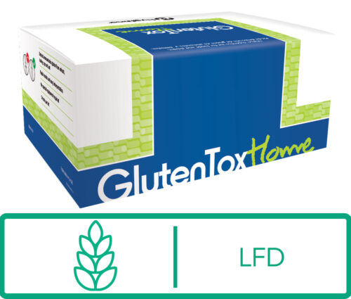 Photo of GlutenTox Home Test Kit with icons indicating this is a Lateral Flow Device used to test for gluten